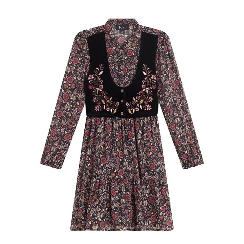 Beautees Girls Long Sleeves Print Chiffon Dress with Embroidered‎ Velvet size 14